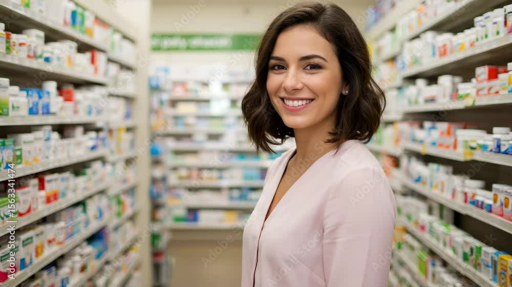 Young woman smiling while standing in pharmacy aisle with medications Young woman smiling while standing in pharmacy aisle with medications