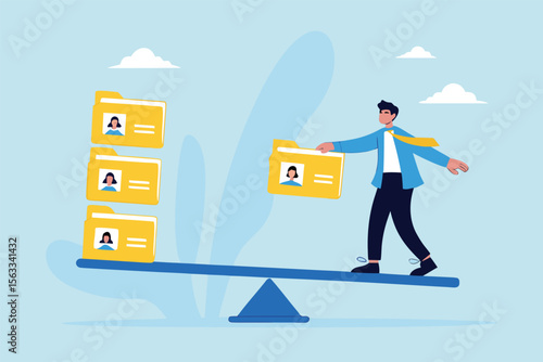 Flat illustration of human resource manager balancing candidate profile folders on seesaw to sort applicants for recruitment decision and onboarding approval