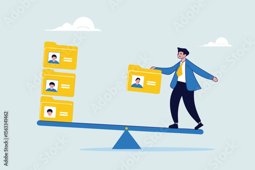 Flat illustration of human resource manager balancing candidate profile folders on seesaw to sort applicants for recruitment decision and onboarding approval