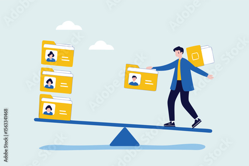 Flat illustration of human resource manager balancing candidate profile folders on seesaw to sort applicants for recruitment decision and onboarding approval