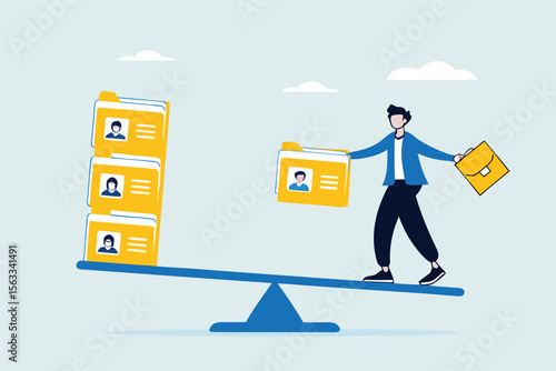 Flat illustration of human resource manager balancing candidate profile folders on seesaw to sort applicants for recruitment decision and onboarding approval