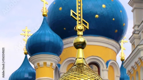 Blue onion dome golden cross Saint Nicholas church Brest Belarus.