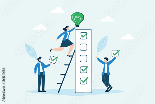 Flat illustration of employees placing green ESG lightbulb on top of checklist to represent clean energy goal achievement