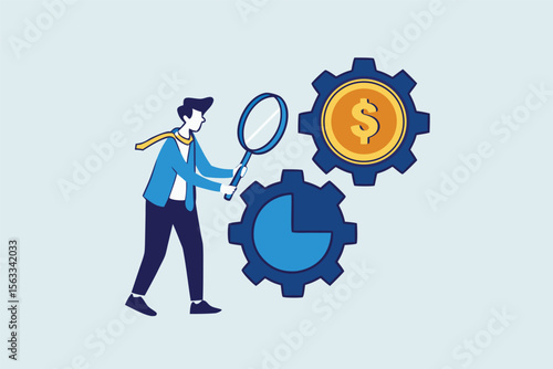 Flat illustration of businessman inspecting gear wheels of chart and coin with magnifier to optimize budget mechanism and financial performance 
