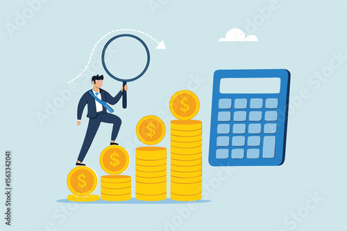 Flat illustration of businessman climbing staircase of gold coins toward calculator while holding magnifier to represent financial control and budget planning