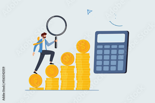 Flat illustration of businessman climbing staircase of gold coins toward calculator while holding magnifier to represent financial control and budget planning