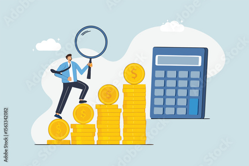 Flat illustration of businessman climbing staircase of gold coins toward calculator while holding magnifier to represent financial control and budget planning