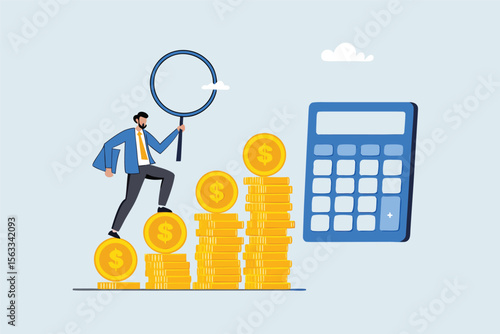 Flat illustration of businessman climbing staircase of gold coins toward calculator while holding magnifier to represent financial control and budget planning