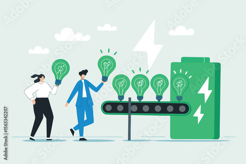 Flat illustration of employees arranging conveyor belt of ESG green bulbs into renewable power system 
