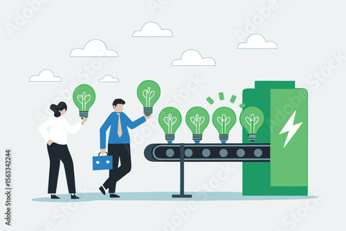 Flat illustration of employees arranging conveyor belt of ESG green bulbs into renewable power system 