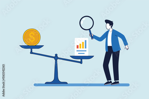  Flat illustration of businessman using magnifier to weigh coin and chart sheet on balance scale for financial analysis and decision making 