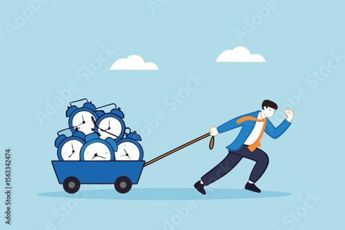 Flat illustration of frustrated businessman pulling heavy cart full of alarm clocks to represent deadline pressure and time burden 