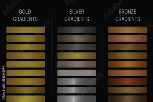 A digital image showing three columns of metallic gradient swatches on a black background 