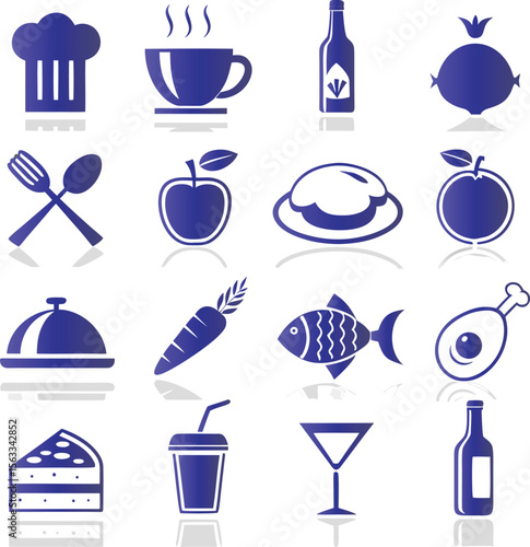 Chef hat coffee cup bottle pomegranate fork spoon apple pie carrot fish chicken leg cake drink
