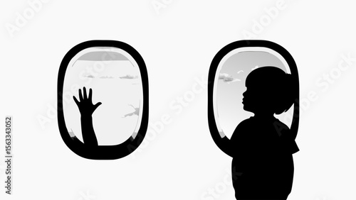 Silhouette of a child looking out of an airplane window and a hand waving through another window pane