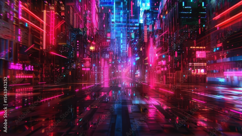 Futuristic cityscape with neon lights and reflections. Cyberpunk and urban concept for design and print. Abstract artwork of skyscraper with vibrant neon color with purple and pink. Technology. AIG53. Futuristic cityscape with neon lights and reflections. Cyberpunk and urban concept for design and print. Abstract artwork of skyscraper with vibrant neon color with purple and pink. Technology. AIG53.