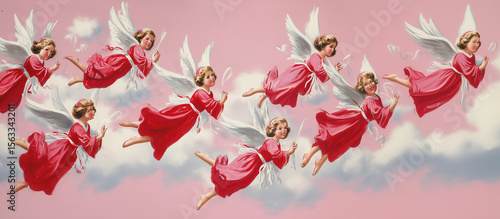 Angel pattern vintage christmas pink sky clouds seamless illustration festive wallpaper holiday wrapping paper kitsch retro 50s decor nursery whimsical branding textile retro cute chic girly