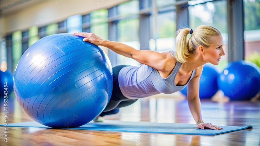Naklejka premium Woman with Blonde Hair Exercising with a Blue Fitness Ball in a Gym Class