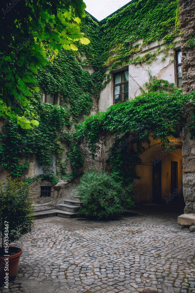 Fototapeta premium Green Courtyard in a Historic European Building