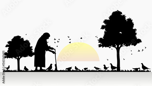 Silhouette of an elderly woman with a cane surrounded by birds and trees against a sunset landscape