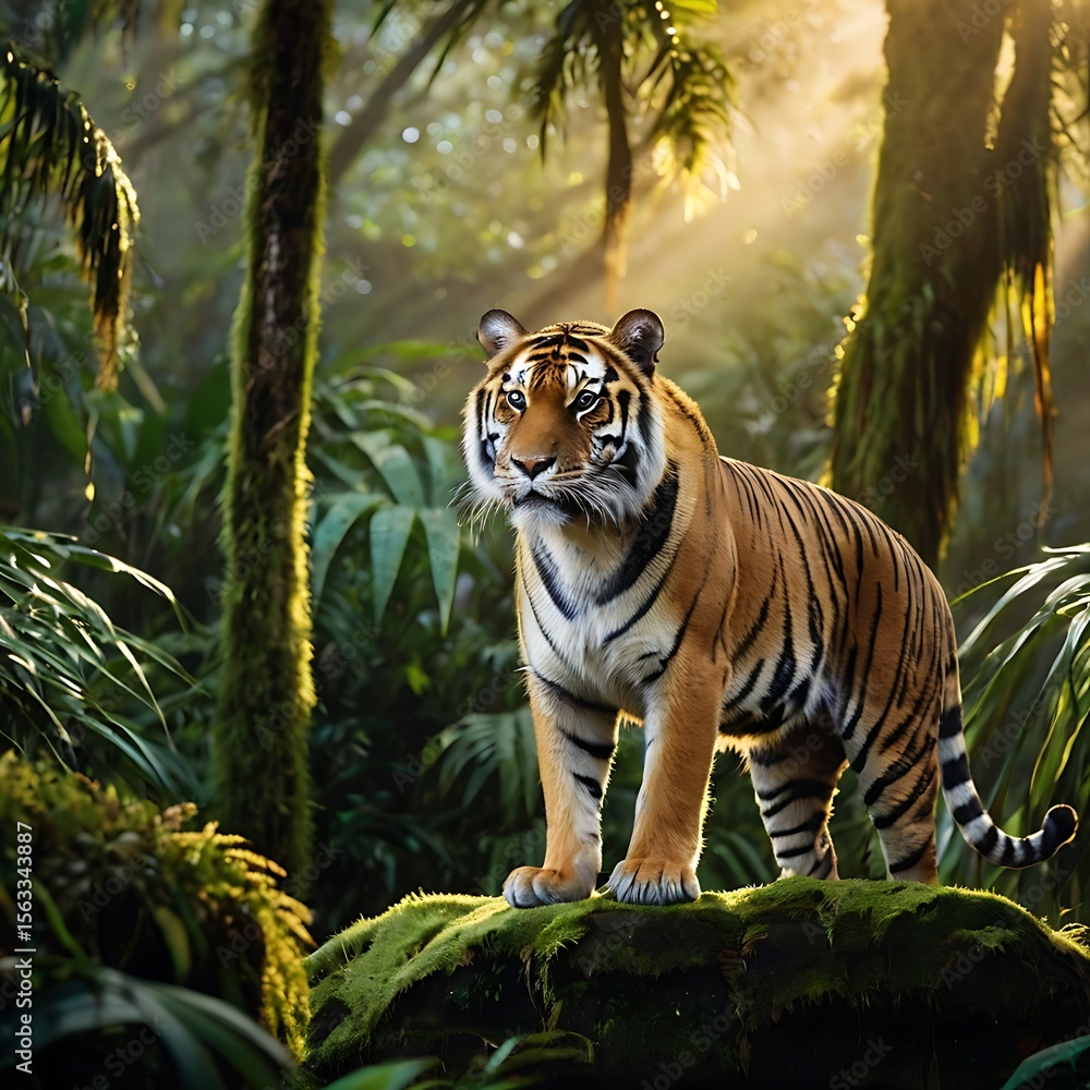 Obraz premium Majestic Bengal Tiger in Verdant Rainforest – Wildlife Conservation and Nature Photography