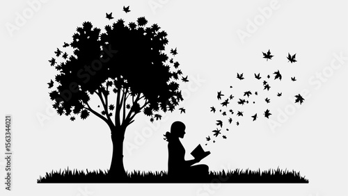 Silhouette of a woman reading under a tree with leaves blowing from the book and the tree in black