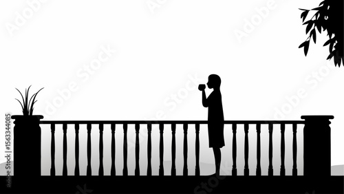 Silhouette of a person drinking on a balcony with a plant and tree leaves in the background outdoors