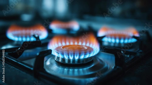 Gas stove burners ignite, providing heat for cooking. Blue and orange flames dance atop the metal surface, ready to prepare a meal.