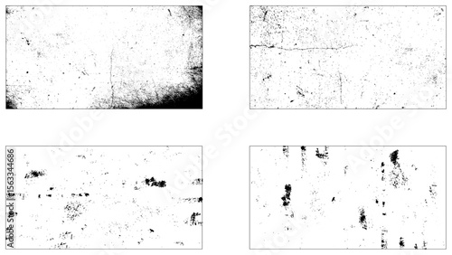 Grunge overlay textures with dust grain isolated on white background. Set of vector paint brush stroke, ink splash and grungy decoration elements for social media. Distressed vintage banner 