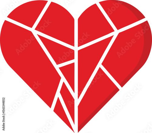 A red heart is shattered into many pieces, isolated on white background