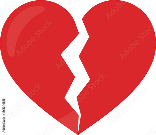 A red heart is broken with a crack through the middle on white background
