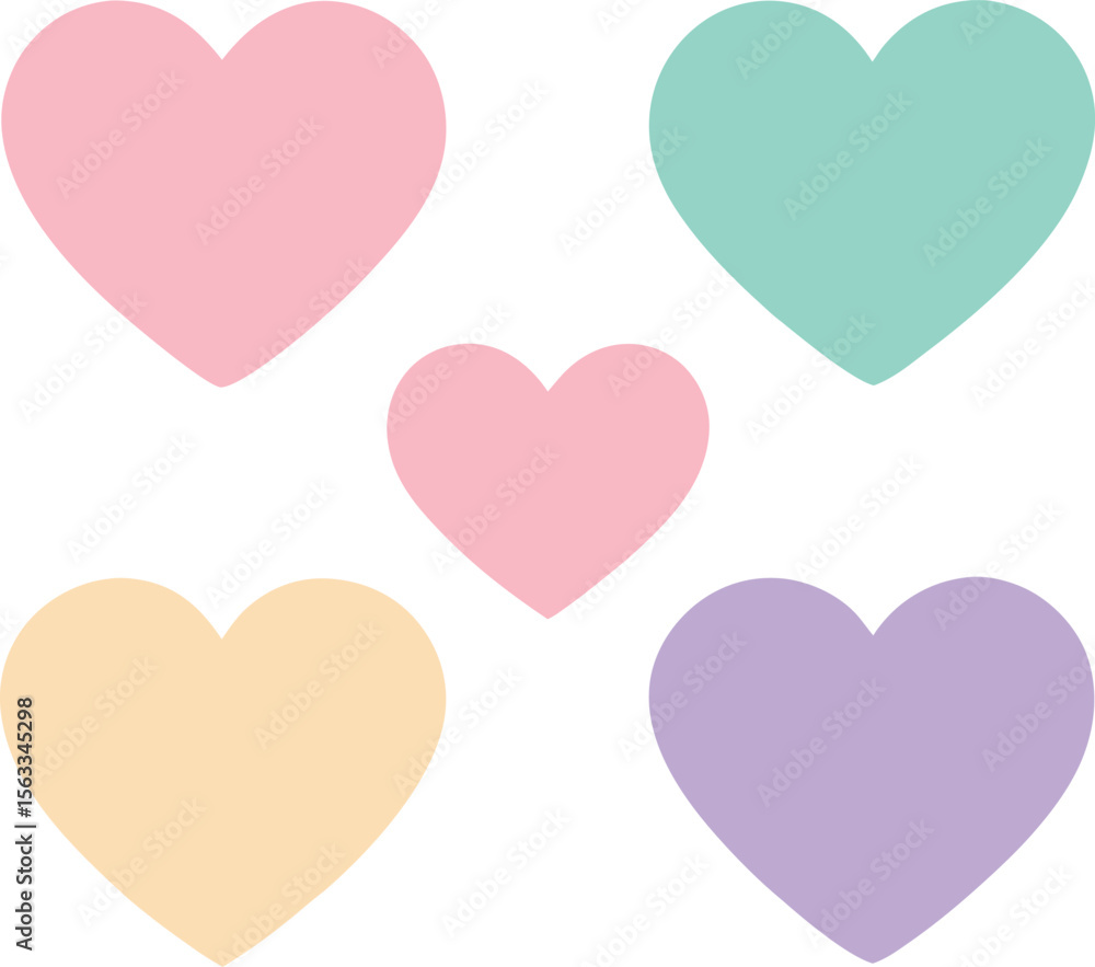 Five colorful hearts are isolated on white background, creating a cheerful and romantic mood Five colorful hearts are isolated on white background, creating a cheerful and romantic mood