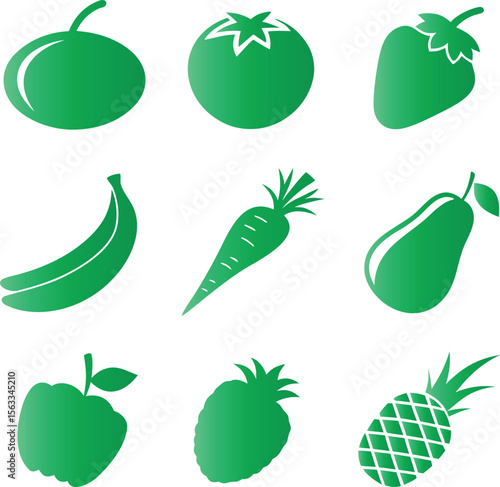 Green fruit and vegetable icons apple banana