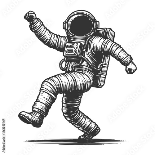 joyful astronaut dancing in space among stars sketch engraving generative ai fictional character vector illustration. Scratch board imitation. Black and white image.