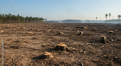 Deforestation Landscape: Tree Stumps and Cleared Land