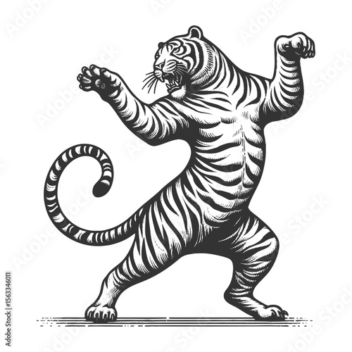 Dancing Tiger sketch engraving generative ai fictional character vector illustration. Scratch board imitation. Black and white image.
