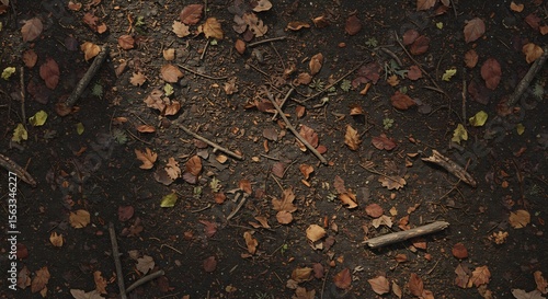 Forest floor strewn with autumn leaves twigs and dark soil from an overhead perspective