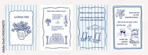 Coastal whimsical seaside beach hand drawn cards set with beach loungers, villa, floral vase and wedding cake. Summer vacation mediterranean sketch. Wedding coquette vector illustration