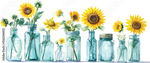 Sunflowers in Vintage Jars Watercolor Style Isolated on White Background