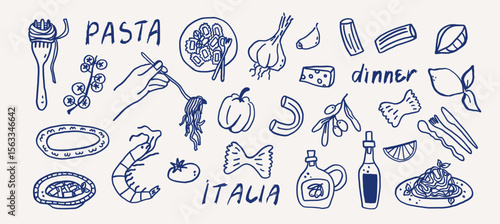 Whimsical Italian food pasta line art sketch set. Coastal mediterranean dinner table party summer hand drawn elements. Wedding coquette vector illustration