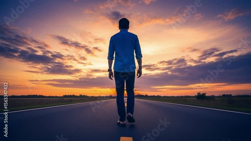 Man walks down an empty road toward a colorful sunset, a powerful metaphor for life's journey, new beginnings, and the concept of moving forward towards one's goals