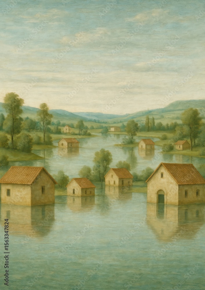Obraz premium Surreal flooded village landscape painting.
