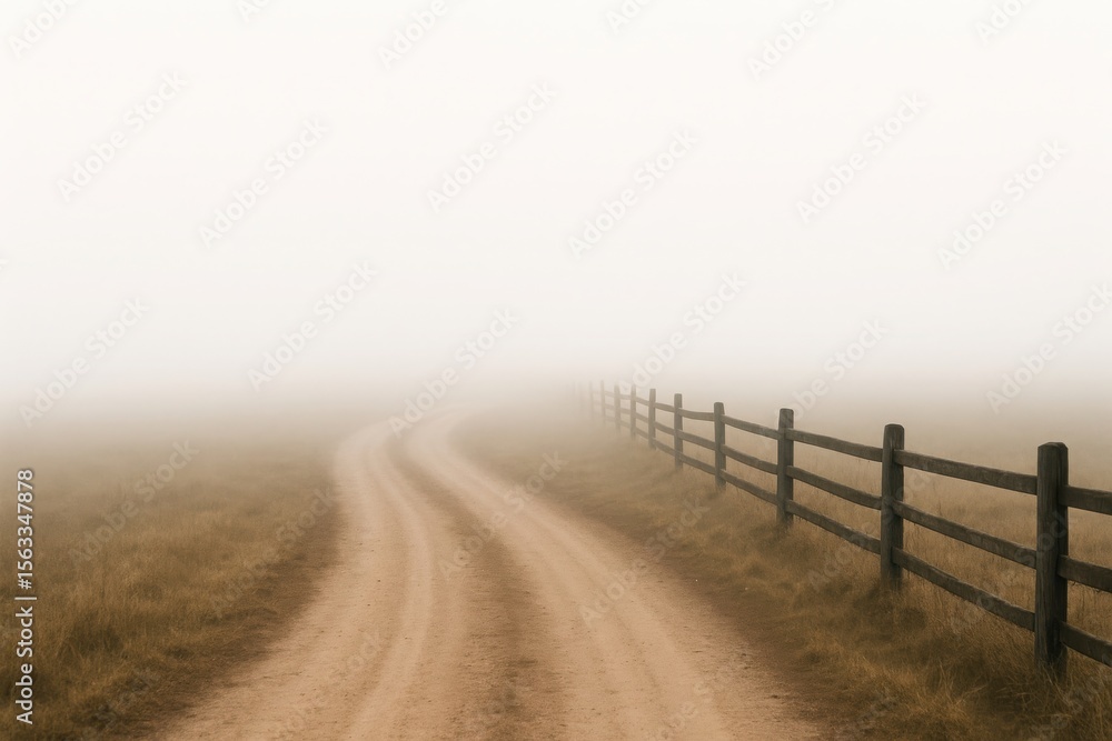 Fototapeta premium Dusty path winding through misty fields beside wooden fence dirt road