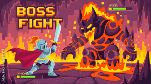 Vector of Gamer Facing Giant Demon in Glowing Lava Arena