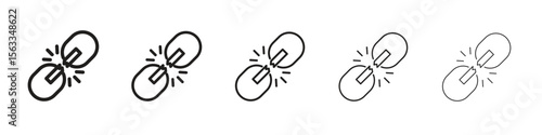 Broken link icon symbol in thin line, Black outline and stroke style