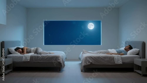 Couple sleeps in separate beds under a large moonlit window, symbolizing emotional distance, relationship crisis, and the challenges of modern marriage or divorce