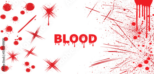Various blood splashes, traces, drops and streaks. Vector set of bloody elements, concept of horror, violence, crime. Bloody set of elements, traces of splashes of different types.