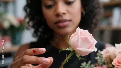 Florist's finger bleeds after being pricked by a rose thorn while arranging flowers, symbolizing the hidden pain behind beauty and occupational hazards in small business