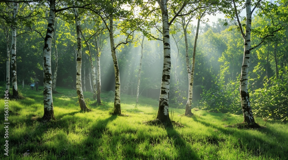 Obraz premium Sunlit Forest of Birch Trees