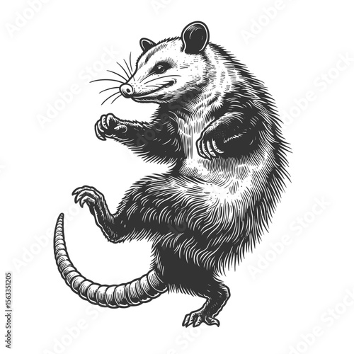 Dancing Opossum sketch engraving generative ai fictional character vector illustration. Scratch board imitation. Black and white image.